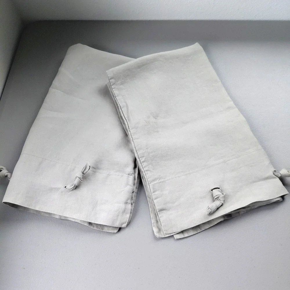 IKEA Linen Pillow Shams QUEEN Set of 2 Khaki Beige Knot Tie Detail Luxury Chic